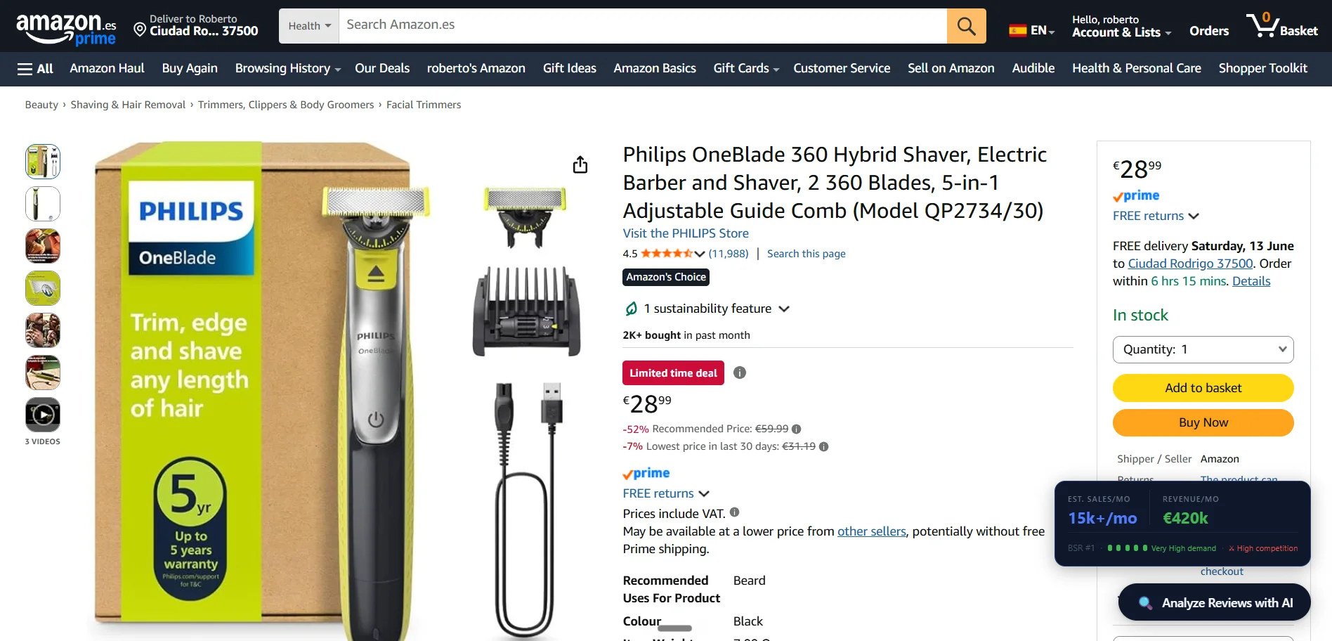 Floating Analyze Reviews with AI button on an Amazon product page