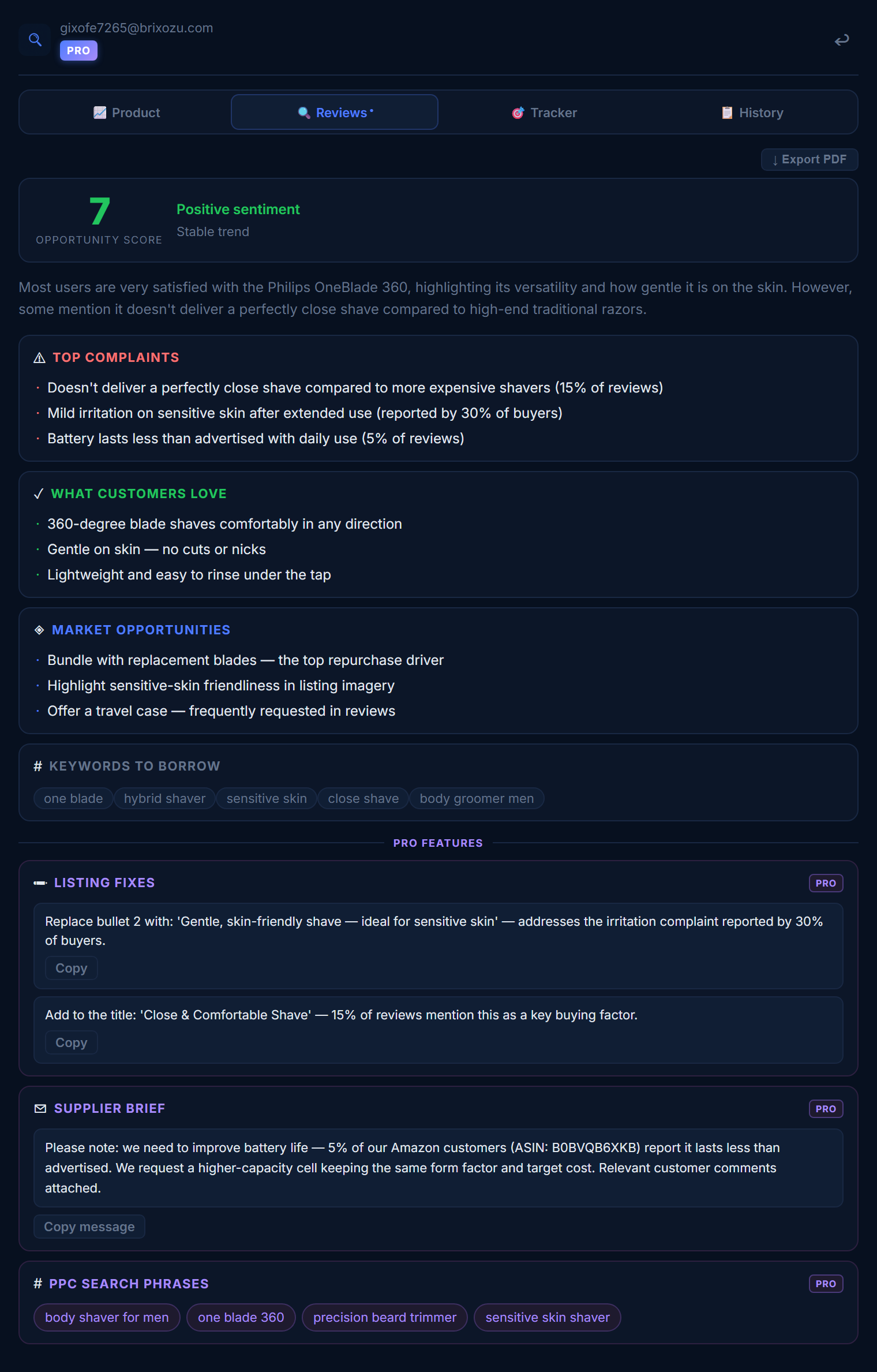 Opportunity score and AI summary in the ReviewLens popup