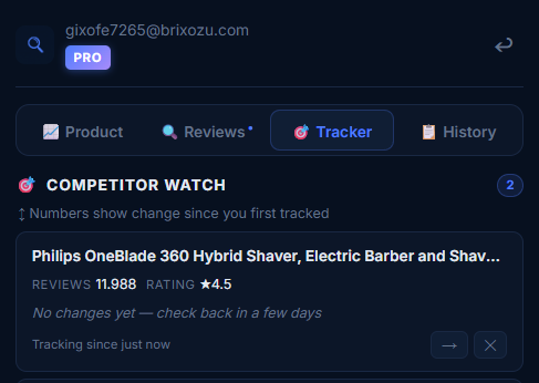 Competitor Tracker showing rating, review and BSR changes